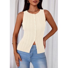 PRETTYGARDEN Women's Ribbed Tank Tops Summer 2025 Open Front Button Down Sleeveless Shirts Going Out Spring Fashion Vest Tops(Apricot,Small)