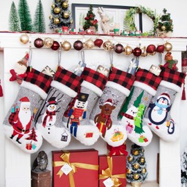 BHD BEAUTY Set of 6 Christmas Stockings Gray Burlap Buffalo Red Plaid Soft Faux Fur 20 Inches Lovely Embroidery Pattern for Family Decorations Hanging Ornament for Xmas Holiday Party