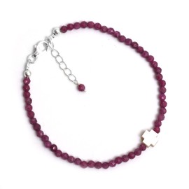 GemInspire Natural Ruby Beaded Bracelet, Pearl Cross Bracelet, Faith Hope Love Bracelets, Party Wear, July Birthstone,Gift for Mom, 6.5+1 Inch 925 Silver Adjustable Chain (Ruby)