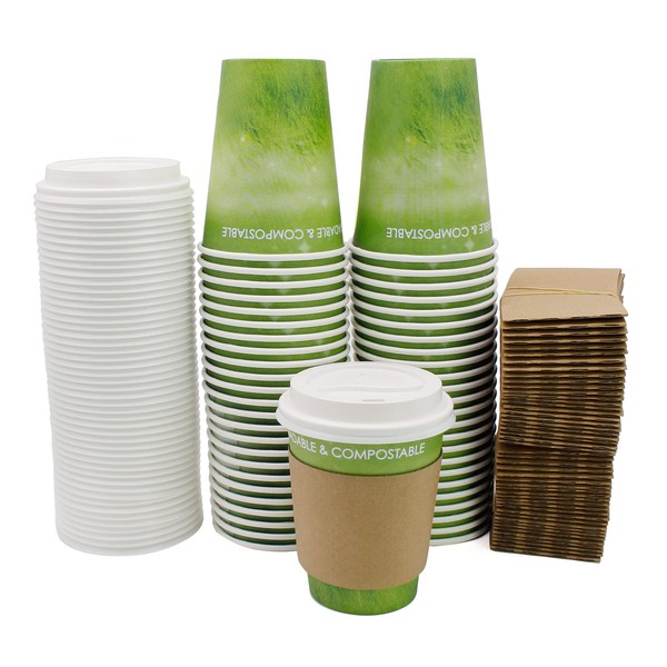 Yes!Fresh 12oz Disposable Hot Beverage Paper Coffee Cups with Sleeves and Lids, To Go Cups for Parties,Picnics,Barbecues,Travel and Events(12oz, 50Count, Green)