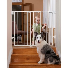 Babelio 26-43" No Bottom Bar Baby Gate for Babies, Elders and Pets, 2-in-1 Hardware Mount Dog Gate for The House, Stairs and Doorways, with Large Walk Thru Door, White