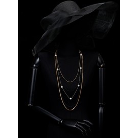 COOLSTEELANDBEYOND Gold Black Layered Chain Necklace, Long Waterfall Chains Multi-Strand with Rhinestones Balls, Party