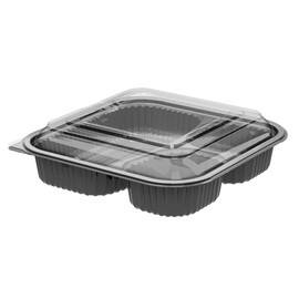 EcoQuality 3 Compartment 8 Inch Square Black Plastic Food Container with Clear Dome Lid Disposable for Takeout, Restaurants, Meal Prep, Catering, Delivery (125)