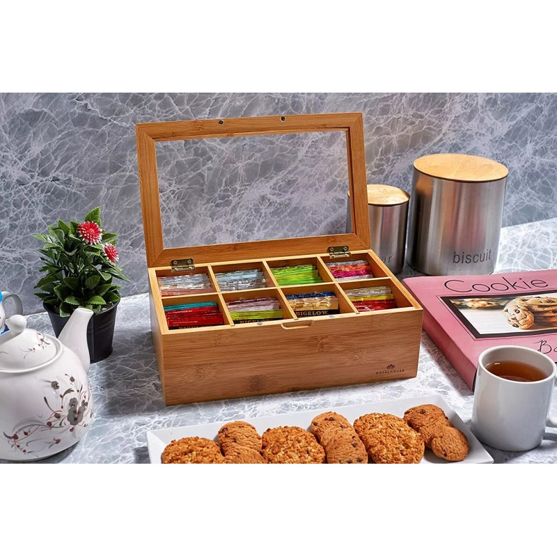 RoyalHouse Big Natural Bamboo Tea Box Storage Organizer, 8 Compartments