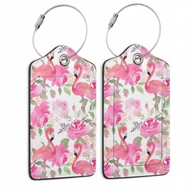 Luggage Tags for Suitcase,2 Pack Pink Flamingo Luggage Tag Flowers Leaf Leather Privacy Cover ID Label with Stainless Steel Loop for Women Men Kids Girls Travel