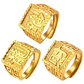 OIDEA Men's Open Ring Gold: 3/4 Piece Rings Set Band Signet Ring Band Ring Gold-Plated Prosperity Wealth Good Luck Empire Made of Brass Jewellery Father's Day Birthday Gift for Men Father, Brass