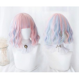 Akixen Women's Wig, Lolita, Short Curl, Pink Wig, Strawberry Ice Cream, Harajuku Style, Small Face, Heat Resistant, Cute, Cosplay, Hair Net, Fashion Event, Halloween, Disguise, Festival