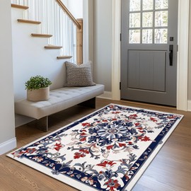 Alfombra bohemia para sala de estar, estilo clásico, tradicional, floral, 3 x 5 pulgadas, alfombra clásico, antideslizante, de pelo bajo, lavable a máquina, azul marino, beige, rojo, para interiores