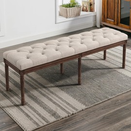 LUE BONA 60" Fabric End of Bed Bench, Upholstered Tufted French Bedroom Bench with Carved Dark Brown Legs for Bedroom End of Bed, Living Room, Linen