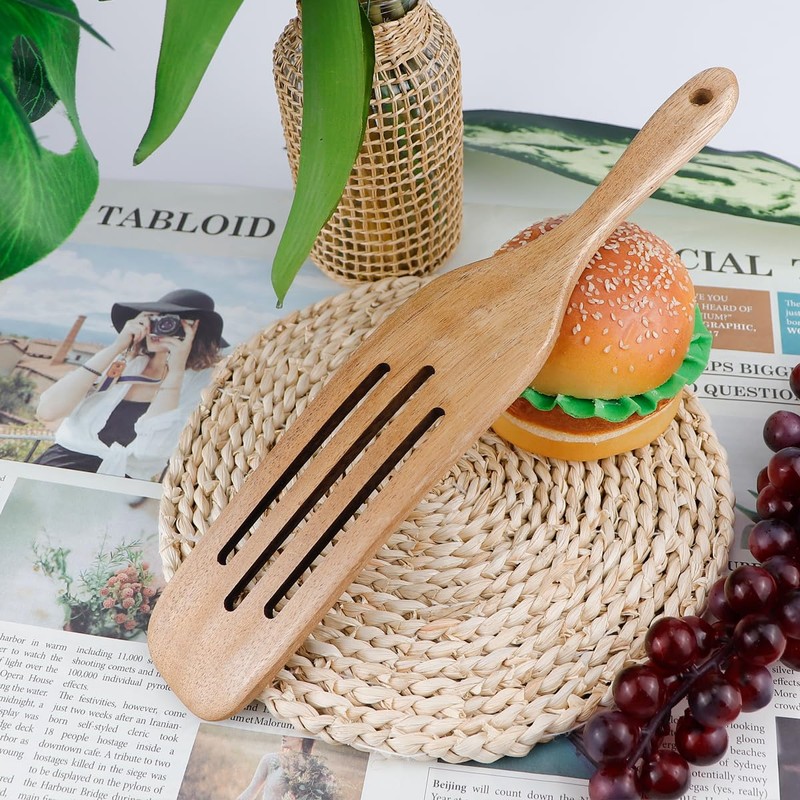 Slotted Spurtle - 33cm Wooden Kitchen Utensils, Includes Wooden Spoons
