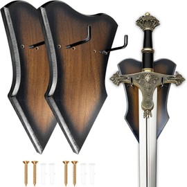 FLURSAILE Sword Plaque Wall Mount Vertical Display Holder Adjustable Stand for Bow Medieval Dagger Axe (2pcs Medium Brown)