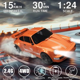 LFOLUSU Remote Control Car RC Drift Car 2.4GHz 1:24 4WD 15KM/H High Speed Racing Sport Car with LED Lights Drifting Tire Racing Sport Toy for Adults Boys Girls Kids Gift 2Pcs Rechargeable Batteries