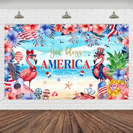 Wollmix Happy 4th of July Decorations Banner Backdrops Photography Outdoor Independence Day Fourth of July Summer Beach Flamingo Party Supplies Signs Photo Booth Props 70.8 x 43.3 Inch
