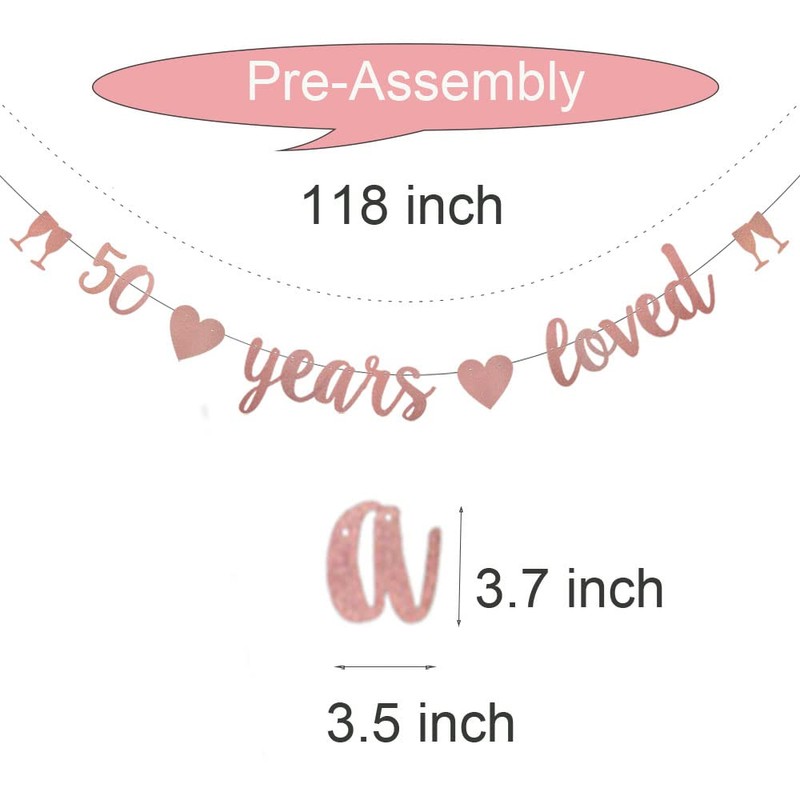WEIANDBO 50 Years Loved Rose Gold Glitter Banner,Pre-Strung,50th Birthday