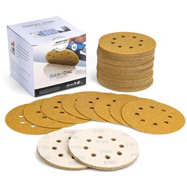 ABRAPRO 5-Inch 8-Hole Hook and Loop Sanding Discs, 60 Grit Gold Sanding Disc, Random Orbital Sandpaper for Automotive and Woodworking, 100-Pack