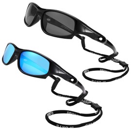 COASION Kids Sports Polarized Sunglasses with Strap 2 Pack Mirrored Glasses Shades for Boys Girls Age 4-12 (Black/Grey+Black/Blue Mirror)