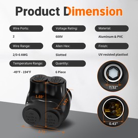 2 Port Insulated Multi Tap Connector 2/0-6 Gauge Wire Connectors Dual Sided Entry Aluminum to Copper Wire Connectors Black Electrical Cable Connectors with Slotted Allen Hex - 6 Pack