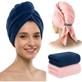 Paquete de 2 toallas de microfibra para el cabello, de secado rápido, para cabello largo y grueso y rizado con correa elástica para mujeres, color azu