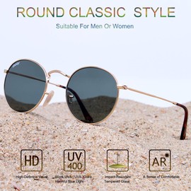 Dikley Classic Crystal Glass Lens Retro Round Metal Frame Sunglasses for Men Women,50mm,100% UV400 Protection
