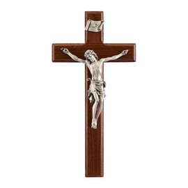 Wooden Walnut Wall Cross Crucifix with Pewter Jesus Christ Corpus, Catholic Decor, 10 Inch