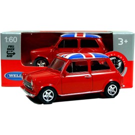 Welly Mini Cooper Mini Model (Red) with Union Jack Top Made of Die Cast Metal and Plastic Parts, Pull Back & Go Action Toy