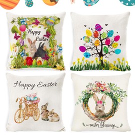 LOEPENLE Set of 4 Easter Cushion Covers, 50 x 50 cm Easter Cushion Cover, Modern Easter Decoration, Linen Cushion Cover, Easter Decorative Cushion Covers, Easter Bunny Sofa Cushion, Happy Easter