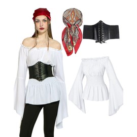 minkasic Medieval Pirate Costume Women's 4CPS Pirate Costume with Medieval Blouse Pirate Corset Headscarf Net Stockings (White, XL)