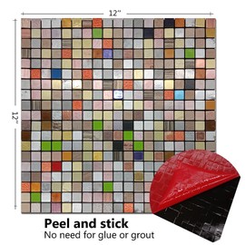 XUANINY 10-Sheet Peel and Stick Metal Backsplash Tiles, Self Adhesive Aluminum 3D Wall Sticker, Wall Panels for Kitchen Bathroom, Bedroom, Living Room(11.81"x11.81") (Mixed Color, 10)