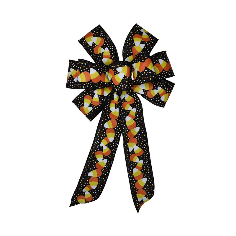 10" Candy Corn on Black Wired Wreath Bow