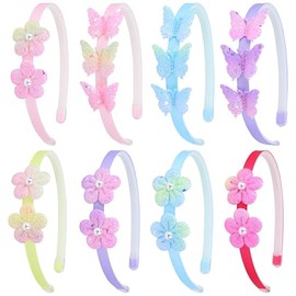 Dizila 8 Pieces Sparkly Sequin Butterfly Flower Headbands Floral Plastic Thin Hair Hoops Bands Accessories for Toddler Girls Kids Teens Women