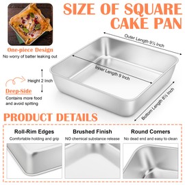 E-far - Molde cuadrado para tartas de 9 x 9 pulgadas, charola para hornear de acero inoxidable para lasaña, cacerolas de brownies, utensilios cuadrados plateados para hornear para cocinar en horno, no