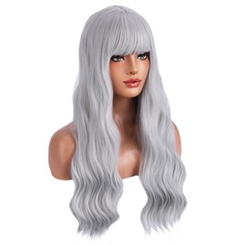 BERON 26 Inches Silver Grey Wig with Bangs Silver Grey Long Curly Wigs for Women Daily Party and Cosplay Hairnet Include