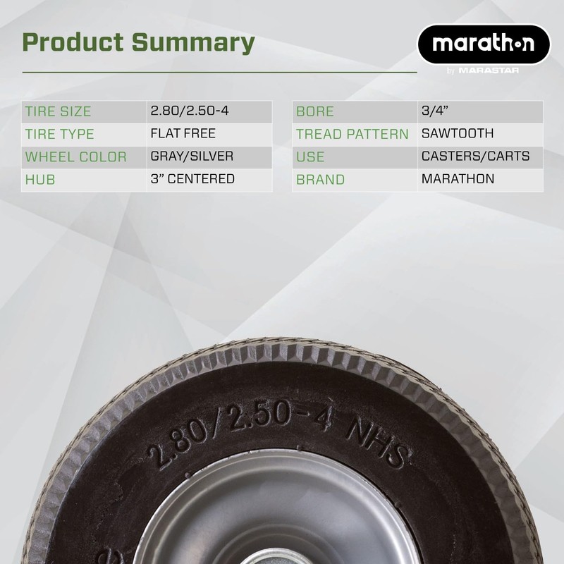 Marathon 00090 Flat-Free 2.80/2.50-4 Tire and Wheel Assembly, 3” Centered