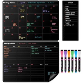 Fridge Black Whiteboard Calendar Set(3-Pack),1 Pcs  Weekly Board and 1 count Refrigerator Planner Calendar,1 Pcs List and 6 Markers,Reward Chore Chart for  Multiple  Teens Adults Family - Color: Chore Chart+weekly