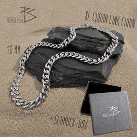 RUGGED STEEL Stainless Steel Curb Chain Solid 10 mm Cuban Link Chain High Gloss Lengths 45 50 55 60 65 cm (Including Jewellery Box), Stainless Steel