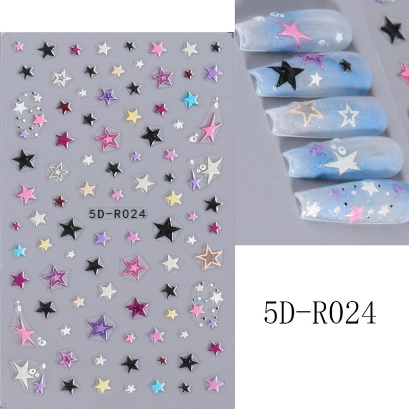 5D Embossed Star Nail Art Stickers Star Nail Decals Self-Adhesive