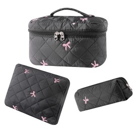 RSRSLEII 3Pcs Large Cotton Quilted Makeup Bag Set, Cute Coquette Floral Cotton Cosmetic Bag with Bows, Aesthetic Travel Organized Toiletry Bags for Women Girls（05Black Bows）