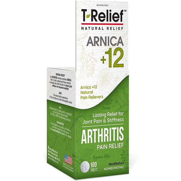 MediNatura T-Relief Arnica +12 Natural Arthritis Pain Relief - Plant-Based Medicines Help to Reduce Joint Soreness, Pain, Aches & Stiffness Naturally - Safe, Fast-Acting, Gluten-Free - 100 Tablets