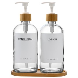 BONLONG Clear Glass Soap Dispenser with Bamboo Pumps&Tray&Labels, Soap Dispenser Bathroom Set, Hand Soap Dispenser, Lotion Dispenser, Dish Soap Dispenser for Kitchen Sink. (Clear)