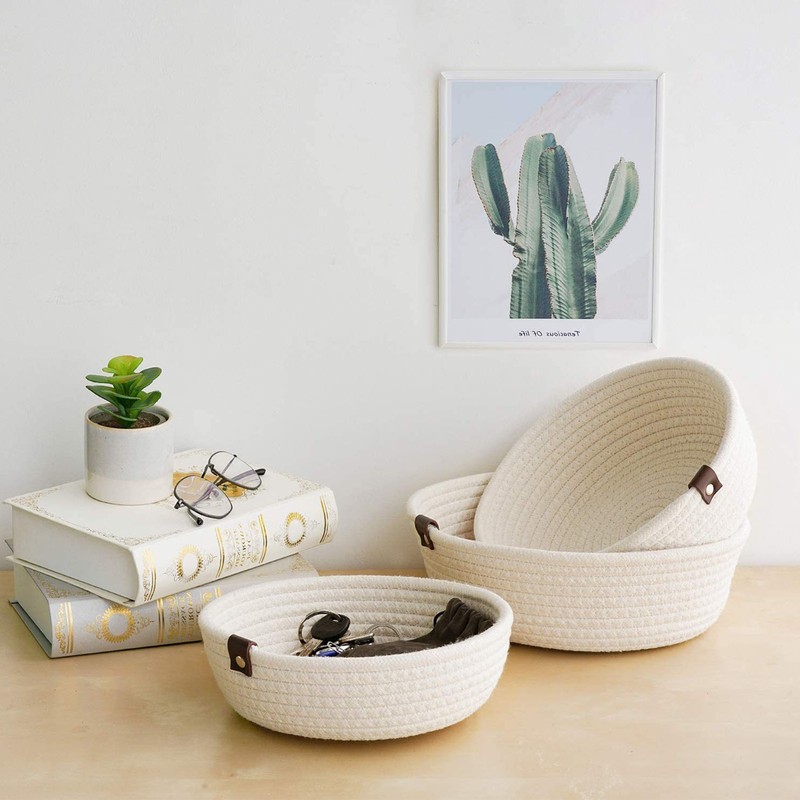 3 Piece Cotton Rope Woven Storage Basket Set Round Cotton