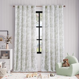 jinchan Linen Nursery Curtains for Bedroom 96 Inch Long Sage Green Toile Curtain Easter Bunny Woodland Farmhouse Curtains Animal Printed Drapes Light FilteringFrench Country Drape Set, 2 Panels