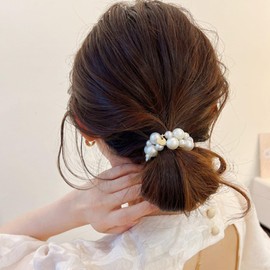 HAPVITAL Chou Chou Chiffon Chou Stylish Adult Hair Rope Hair Elastic Adult Hair Ornaments Large Plain Extra Large Elegant Satin Simple Hair Accessory Hair Accessory (Pearl Set of 4)