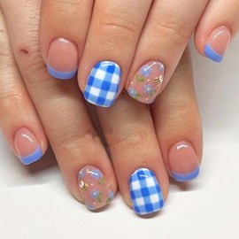 Press on Nails Short Square Fake Nails with Flower Bee Designs Blue French Tip Nails Press ons Glossy Glue on Nails Nude Acrylic Nails Artificial Stick on Nails for Women 24Pcs