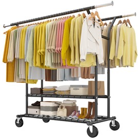 Raybee 74" W Heavy Duty Clothes Rack, Double Rods Clothing Rack, Load 441 LBS Clothes Racks for Hanging Clothes with Wheels, Portable Garment Rack, Black
