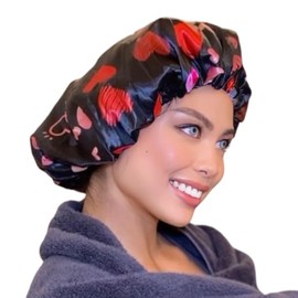 Zomac Gorro Ducha Satén Mujer Reutilizable Impermeable Cabello Largo Estampado Lujo Doble Capa Corazones Negros Grande