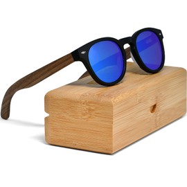 Womens and Mens Sunglasses Round Polarized Blue Mirrored Lenses with Real Walnut Wood Legs - Bamboo Box