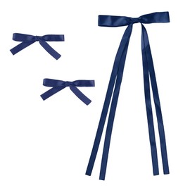 Women's Satin Hair Bows, Set of 3, 1 Hair Clip with Long Tails, 2 Hair Bows with Short Tails (Navy)