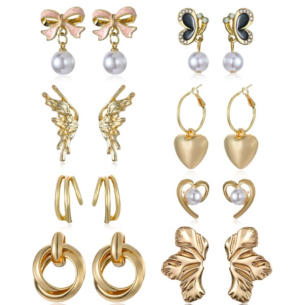 Acruccen 8 Pairs Gold Stud Earrings for Women Cute Bow