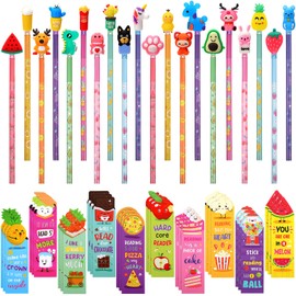 80 Pcs Scented Bookmarks and Scented Pencils with Cute Pencil Toppers Set Fun Pencils Fruit Food Theme Scratch and Sniff Bookmarks Cartoon Pencil Toppers for Kids Students Supplies (Lovely Style)