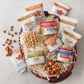 Taste of VA Diner Gift Basket by Virginia Diner - Wicker Basket with 8 Assorted Sweet and Savory Nuts totalling over 4.5lbs